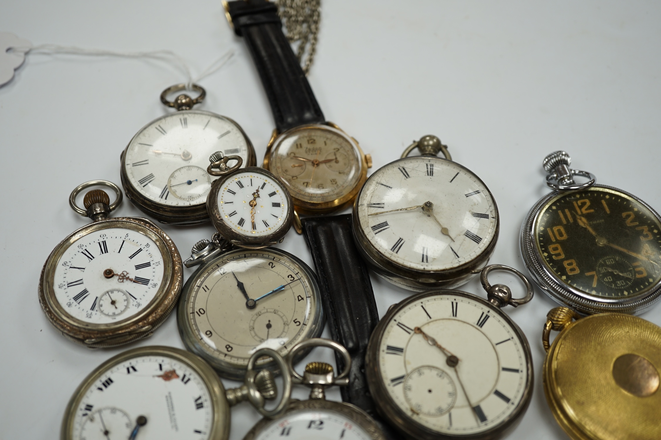 A small collection of assorted pocket watches, including five white metal or silver and a silver pair case by Shipley of Derby, lacking outer case, together with a Waltham black dial, fob watch and a Zedon steel and gold